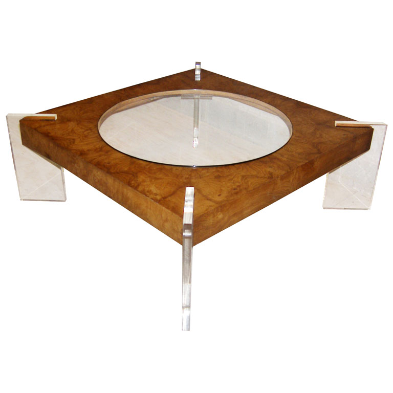 Vladimir Kagan Burl Wood glass and lucite coffee table (Capitol Furnishings)